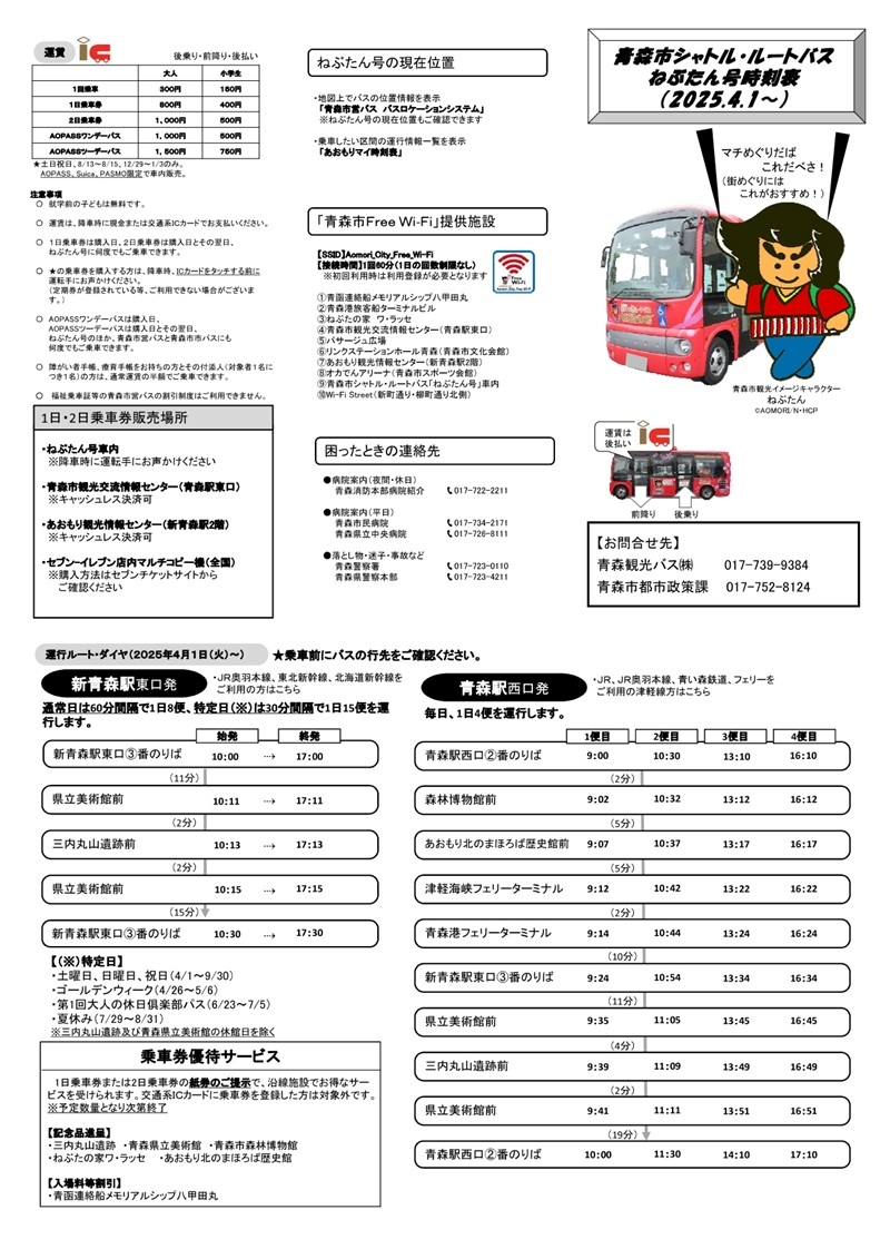 ねぶたん号ルート図、運行ダイヤ